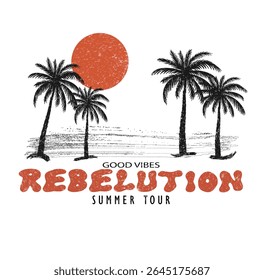 Tropical Summer Vibes Vintage Palm Tree Graphic Design. Vintage-style summer vibes graphic featuring palm trees and sun, perfect for t-shirts, stickers, and vacation-themed backgrounds.