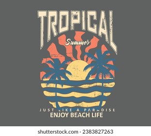 Tropical summer vintage vector graphic text slogan prints, slogan with beach illustration, Hawaii, Aloha surf typography for t-shirt print , beach vector print, 