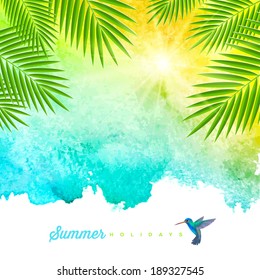 Tropical summer watercolor background with palm trees branches and hummingbird - vector illustration