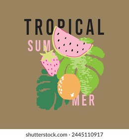 
Tropical Summer, Tropical Watermelon Flamingo Slogan Print, Tropical Summer Banner Fresh Fruits, Tropical Strawberry.