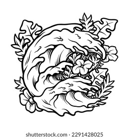 Tropical summer wave outline vector illustration