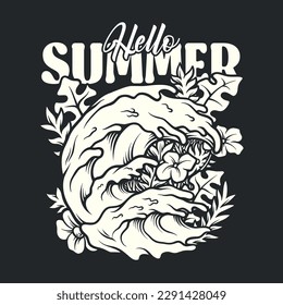 Tropical summer wave outline vector illustration