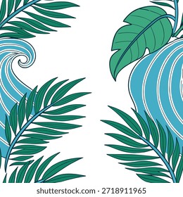 Patrón sin fisuras de las olas tropicales del verano con las hojas de palma y las texturas de la onda para el concepto exótico de los diseños temáticos de la playa como patrón tropical de la onda de la playa con las hojas de palma y las texturas de la onda para una atmósfera exótica del verano vibrante en el concepto y el espacio vacío en el lado izquierdo, ningún texto --ar 7:2 --tile