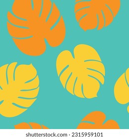 Tropical Summertime Orange and Yellow Palm Leaves on Blue Background Surface Design Textiles Seamless Repeat Pattern Design Eps 10 Vector