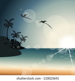 Tropical summertime sunset/sunrise with transparencies (eps10); jpg version also available