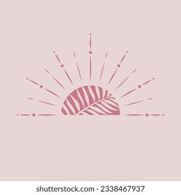 Tropical sun and leves natural logo design. Bohemian style icon.