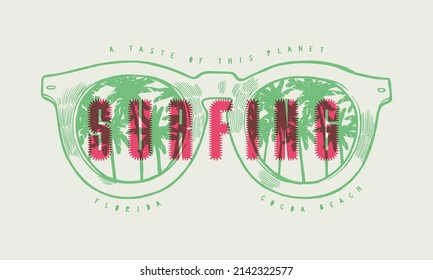 Tropical sunglasses with palm-trees in lenses surfing typography t-shirt print vector illustration.