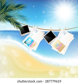 Tropical Sunny summer day with hanging photos and letters on the rope.
