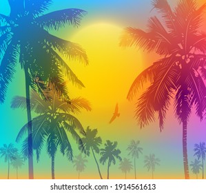 Tropical sunrise with gradient yellow sun and silhouette of palm trees, soaring birds and mountains in the background of red sky