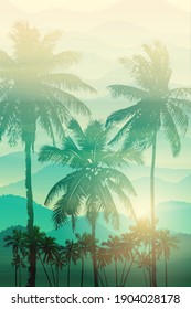 Tropical sunrise with green and yellow gradient sun and silhouette of palm trees, soaring birds and mountains in the background of blue sky