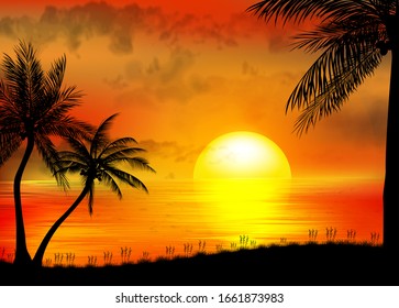 Tropical sunrise on sea and sea boat