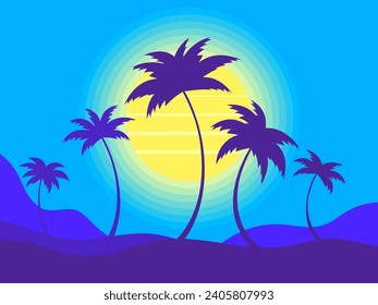 Tropical sunrise with palm trees and wavy hills on the horizon in a minimalist style. Sun in retro-futuristic 80s style. Design of advertising products, banners and posters. Vector illustration