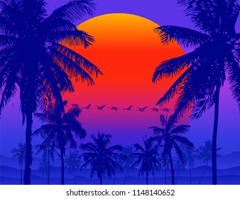 Tropical sunrise with pink gradient sun and silhouette of palm trees and mountains in the background of blue sky