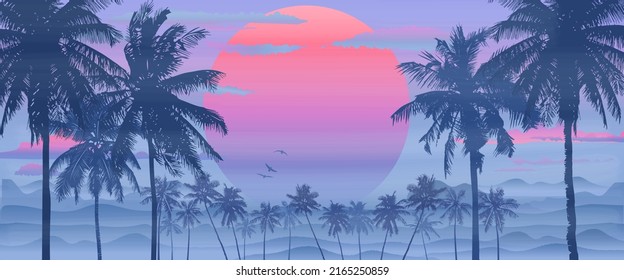 Tropical sunrise with pink gradient sun and silhouette of palm trees and mountains in the background of blue sky