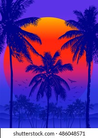 Tropical sunrise with pink gradient sun and silhouette of palm trees and mountains in the background of blue sky