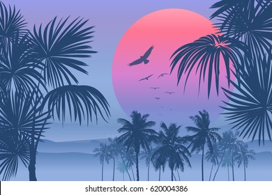 Tropical sunrise with pink gradient sun and silhouette of palm trees, soaring birds and mountains in the background of blue sky