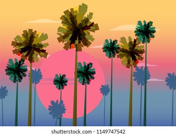 Tropical sunrise at seashore, sea landscape with palms, sailing boat minimalistic illustration. Seascape sunrise or sunset. Ocean scene with rising sun, palms, sailboat, mountains and sky. Rocky coast