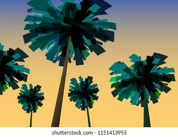 Tropical sunrise at seashore, sea landscape with palms, minimalistic illustration. Seascape sunrise or sunset. Ocean scene with rising sun, palms, mountains and sky. Coast in blue color vector