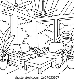 A tropical sunroom filled with rattan furniture coloring page