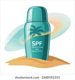 Botella tropical del protector solar con el Arte vectorial del diseño del SPF de la palmera aislado en fondo blanco