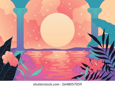 Pôr do sol tropical com colunas antigas	