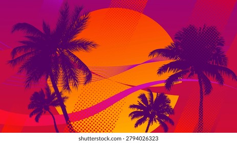 Tropical sunset background with palm tree silhouettes on vibrant purple and orange wavy backdrop, vector illustration