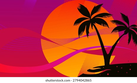 Tropical sunset background with palm tree silhouettes on vibrant purple and orange wavy backdrop, vector illustration
