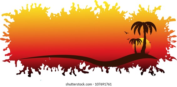 Tropical sunset background. Palm trees and birds