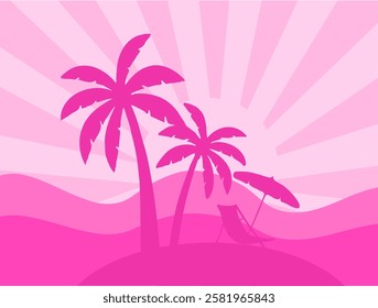 Tropical sunset background with pink palm trees, sun rays, rolling hills, and a beach chair under an umbrella, creating a relaxing summer vacation vibe 