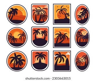Tropical Sunset Badges Set, Silhouetted Palm Trees Against A Vibrant Orange Dusk Sky, Isolated Patches Capture The Essence Of A Serene Tropical Paradise in Retro Style. Cartoon Vector Illustration