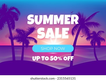 Tropical sunset banner with palm trees and sale offer. Landscape palm tree silhouettes against an abstract sun setting over the ocean. For summer travel discounts