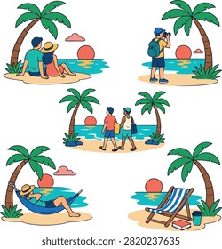 Tropical Sunset Beach Activities Among Palm Trees