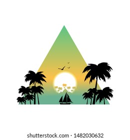tropical sunset beach, boat in the ocean and palm trees