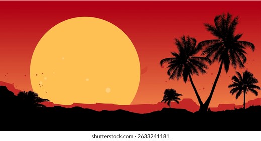 paisagem de praia de pôr do sol tropical com palmeiras - fundo, banner, ilustração vetorial