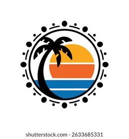 Tropical Sunset Beach Logo mit Palmen- und Ozeanwellen