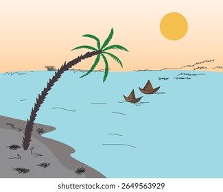 Praia tropical do pôr do sol com palmeira e barcos, ilustração de vetor de arte de paisagem desenhada à mão