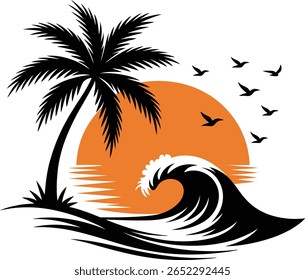 Praia tropical do pôr do sol com palmeira e Ondas Vetor Ilustração