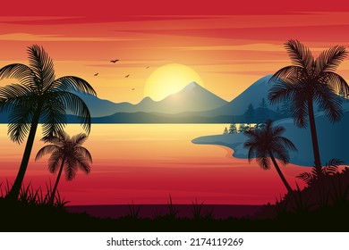 Tropical Sunset Beach With Palm Trees, bright sky and mountain