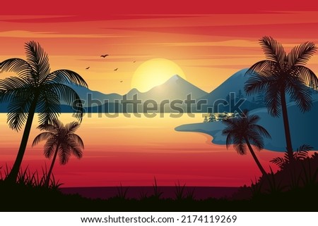 Tropical Sunset Beach With Palm Trees, bright sky and mountain
