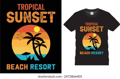 Tropical sunset beach resort,vector t-shirt design,summer t shirt desing vector illustration for a beach party with palm trees and   retro ,summer  t shirt ready for benner,poster,pod any print,item
