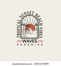 Tropical Sunset Beach vibes waves paradise nature sun badge vector graphic