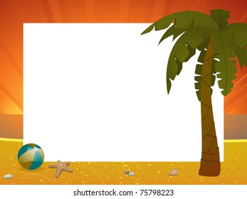 Tropical sunset border with palm tree and beach ball