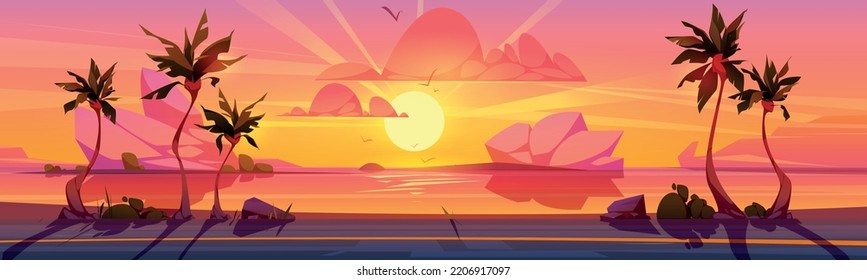 Ilustración de dibujos animados sobre la puesta de sol tropical y la carretera costera. Diseño vectorial de colorido atardecer, sol que baja en el horizonte, hermosas palmeras a lo largo de una carretera vacía. Paisaje vacacional romántico