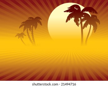 Tropical sunset, a desert or a beach and oasis with palm trees.