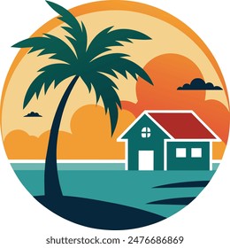 Tropical Sunset Estate with Palm Tree