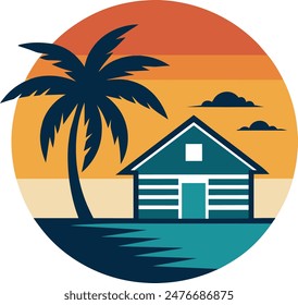 Tropical Sunset Estate with Palm Tree