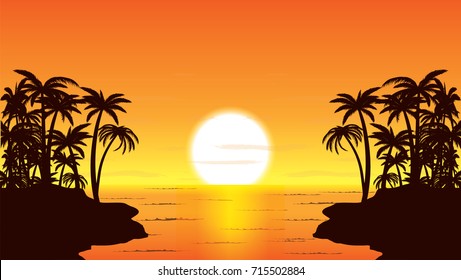 Tropical Sunset Glow Vector Illustration. Setting Sun, Palm Trees And Ocean