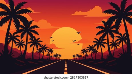 Tropical Sunset Highway Flat Vector Landscape With Palm Trees Silhouettes Lining The Road