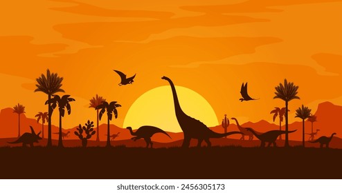 Tropical sunset landscape with dinosaur silhouettes. Jurassic nature vector background with triceratops, pterodactyl, brachiosaurus and allosaurus dinosaur animals, sun, palm trees and mountains