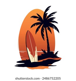 Tropical sunset landscape with palm tree and surfboard. Summer time. Design for print. Vector illustration isolated on white.